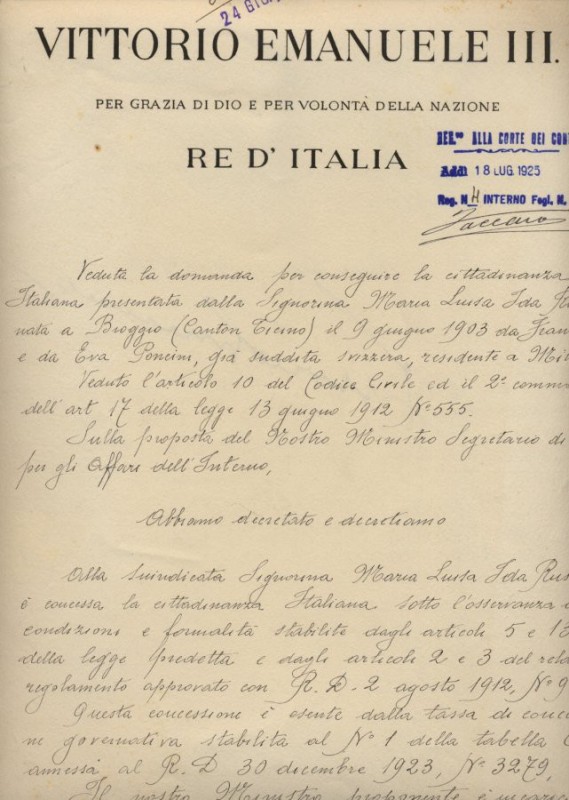 DOCUMENTI AUTOGRAFI &ndash; Vittorio Emanuele II e Luigi Federzoni, min. Interni...