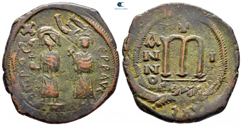 Phocas, with Leontia AD 602-610. Constantinople
Follis or 40 Nummi Æ

33 mm.,...