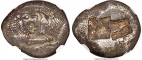 LYDIAN KINGDOM. Croesus (561-546 BC). AR stater or double siglos (19mm, 10.60 gm). NGC AU 5/5 - 4/5. Sardes. Confronted foreparts of lion right and bu...