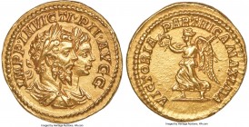 Septimius Severus (AD 193-211), with Caracalla. AV aureus (20mm, 7.24 gm, 5h). NGC Choice AU 5/5 - 3/5. Rome, AD 202-210. IMPP•INVICTI•PII•AVGG, laure...