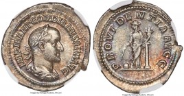 Gordian II Africanus (March-April AD 238). AR denarius (21mm, 2.68 gm, 5h). NGC AU S 5/5 - 5/5. Rome. IMP M ANT GORDIANVS AFR AVG, laureate, draped an...