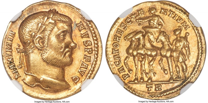 Maximian (AD 286-310). AV aureus (18mm, 5.33 gm, 12h). NGC AU S 5/5 - 5/5. Trier...