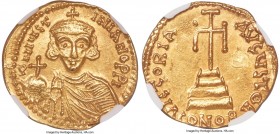 Justinian II, first reign (AD 685-695). AV solidus (21mm, 4.34 gm, 5h). NGC MS 5/5 - 3/5. Naples or Ravenna (?), AD 687-690. d N IЧST-INIANO PP I, bus...