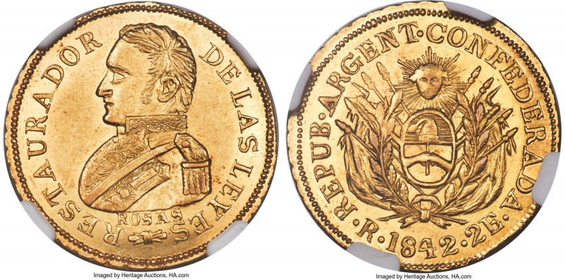 La Rioja. Provincial gold 2 Escudos 1842-R MS63 NGC, La Rioja mint, KM13, Janson...
