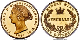 Victoria gold Proof Pattern Sovereign 1856-SYDNEY PR62 Ultra Cameo NGC, Royal mint, KM-Pn6, McDonald-103e, QM-28 (R7). Type II. Plain edge. By Leonard...