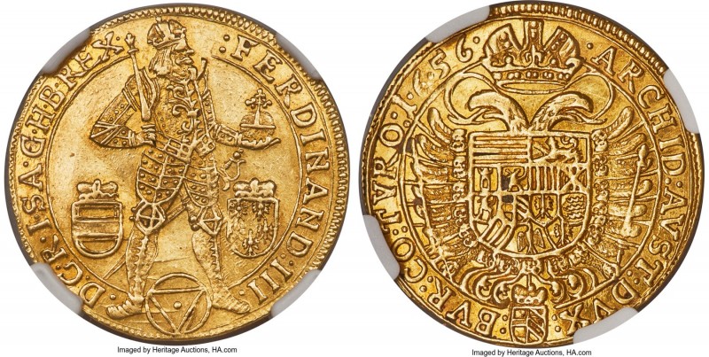 Ferdinand III gold 2 Ducat 1656 AU58 NGC, Vienna mint, KM899, Fr-231. 6.87gm. Ap...