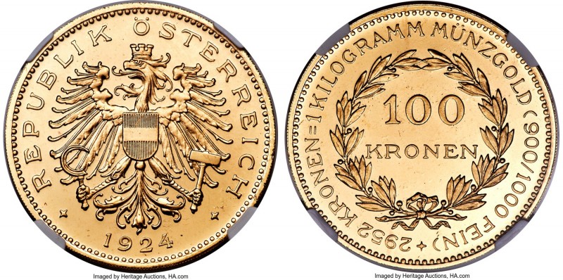 Republic gold Proof 100 Kronen 1924 PR65 Cameo NGC, Vienna mint, KM2831, Fr-518....