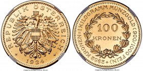 Republic gold Proof 100 Kronen 1924 PR65 Cameo NGC, Vienna mint, KM2831, Fr-518. A flashy gem representative, certified in an uppermost tier of techni...