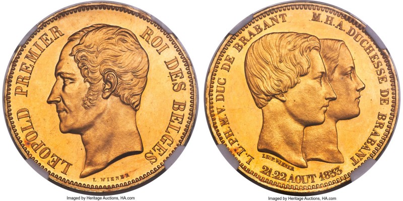 Leopold I gold Specimen "Royal Wedding" 100 Francs 1853 SP63 NGC, Brussels mint,...