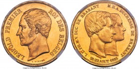 Leopold I gold Specimen "Royal Wedding" 100 Francs 1853 SP63 NGC, Brussels mint, KM-XM3.1, Fr-409. Hyphen between dates variety. Mintage: 482. Struck ...