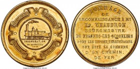 "Railway" gold Medal 1876 AU, 55mm. 154.83gm. .900 fine. By A. Fisch. An impressive and large-scale gold medal struck to congratulate Mr. Ed. Chaudron...