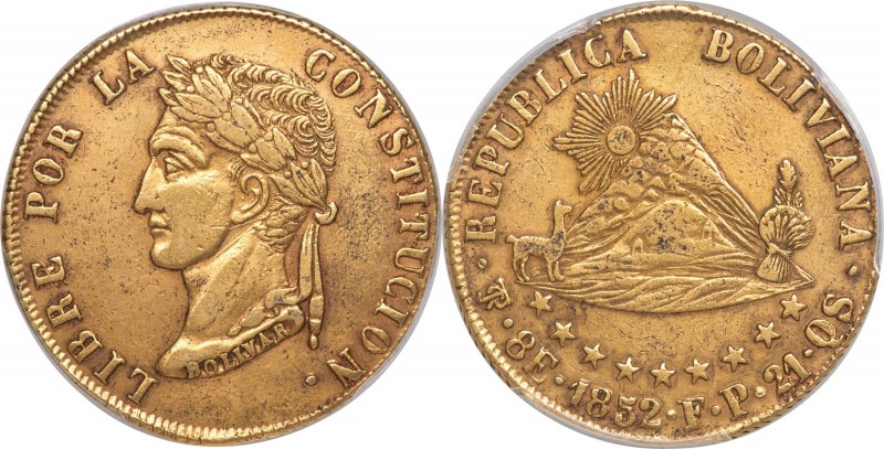 Republic gold 8 Scudos 1852 PTS-FP XF Details (Repaired) PCGS, Potosi mint, KM11...