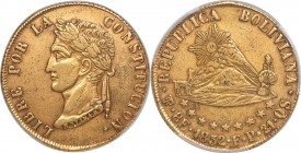 Republic gold 8 Scudos 1852 PTS-FP XF Details (Repaired) PCGS, Potosi mint, KM115, Fr-33. An extremely rare one-year type with the laureate bust of Bo...
