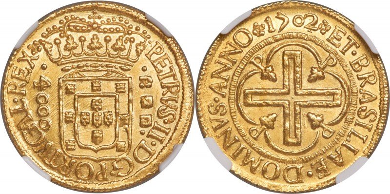 Pedro II gold 4000 Reis 1702/1-P MS63 NGC, Pernambuco mint, KM99, LMB-39, Gomes-...