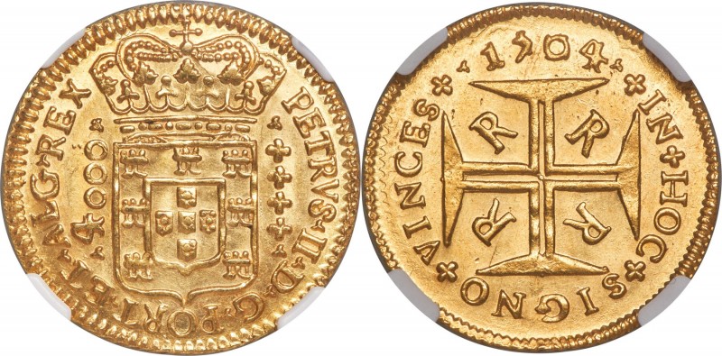 Pedro II gold 4000 Reis 1704-R MS63+ NGC, Rio de Janeiro mint, KM101, LMB-35. Of...
