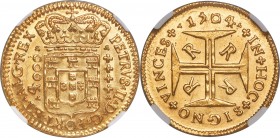 Pedro II gold 4000 Reis 1704-R MS63+ NGC, Rio de Janeiro mint, KM101, LMB-35. Of markedly higher quality than can normally be expected, not just for t...