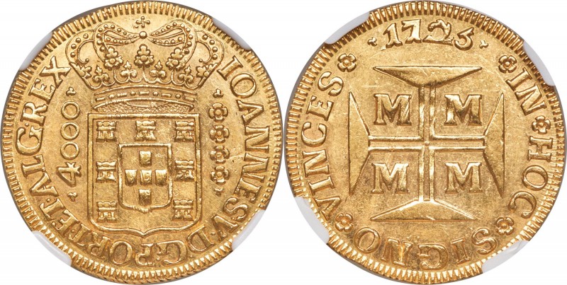 João V gold 4000 Reis 1725-M UNC Details (Reverse Cleaned) NGC, Minas Gerais min...