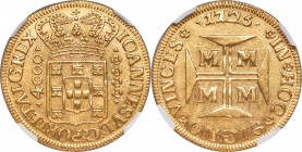 João V gold 4000 Reis 1725-M UNC Details (Reverse Cleaned) NGC, Minas Gerais mint, KM115, LMB-241, Bentes-119.02 (R2). A truly singular grade for this...