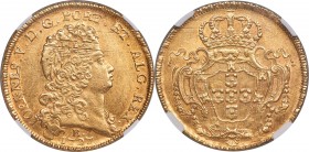 João V gold 12800 Reis (Dobra) 1727-B AU55 NGC, Bahia mint, KM141, LMB-85. Markedly original and thoroughly impressive in hand owing to both the type'...