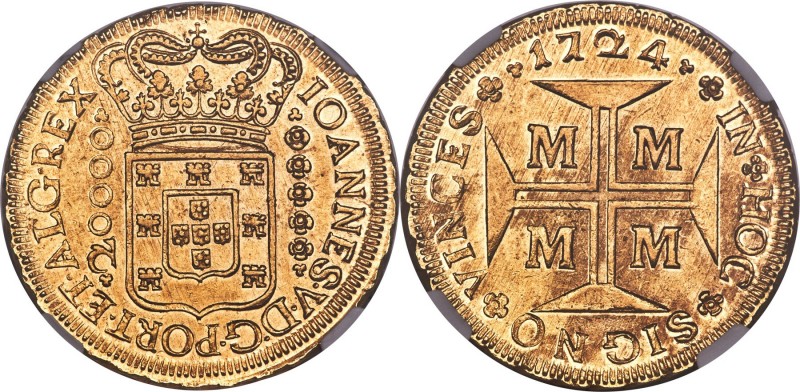 João V gold 20000 Reis 1724-M MS63 NGC, Minas Gerais mint, KM117, LMB-248. An im...