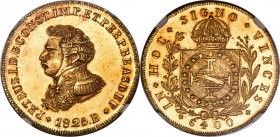 Pedro I gold 6400 Reis 1825-B MS62 Prooflike NGC, Bahia mint, KM370.2, LMB-606. The first date of only three (1825, 1826 and 1828) of this type to be ...