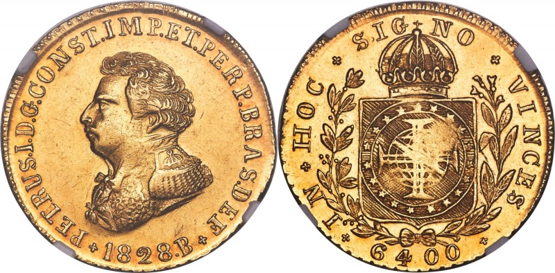 Pedro I gold 6400 Reis 1828-B AU58 NGC, Bahia mint, KM370.2, LMB-608. Sharp and ...