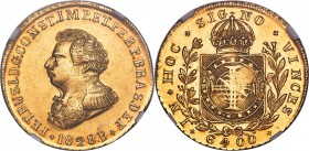 Pedro I gold 6400 Reis 1828-B AU58 NGC, Bahia mint, KM370.2, LMB-608. Sharp and flashy, this elite specimen carries an appeal that is virtually Mint S...