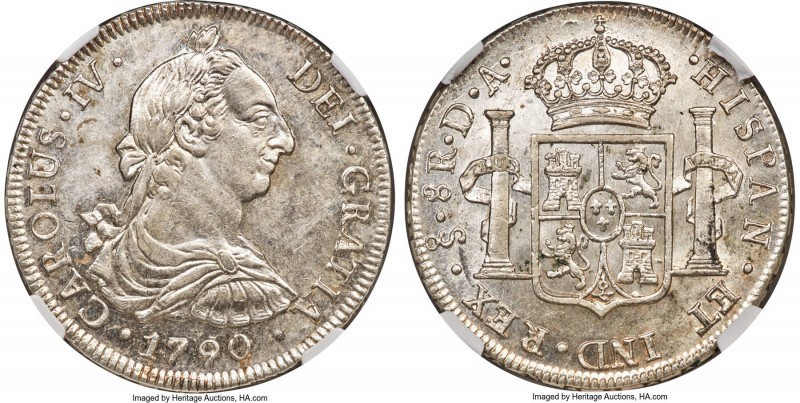 Charles IV 8 Reales 1790 So-DA MS60 NGC, Santiago mint, KM39, Cal-Unl. A very di...