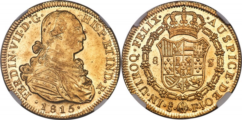 Ferdinand VII gold 8 Escudos 1815 So-FJ MS64 NGC, Santiago mint, KM78, Fr-29. Of...