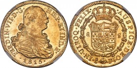 Ferdinand VII gold 8 Escudos 1815 So-FJ MS64 NGC, Santiago mint, KM78, Fr-29. Of very rare quality for the issue, shimmering sun-gold brilliance decor...