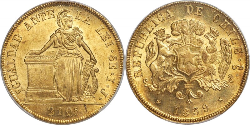 Republic gold 8 Escudos 1839 So-IJ MS63 PCGS, Santiago mint, KM104.1, Fr-41. A s...