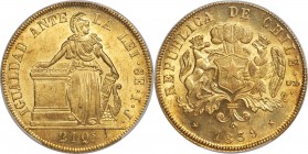 Republic gold 8 Escudos 1839 So-IJ MS63 PCGS, Santiago mint, KM104.1, Fr-41. A soft hue of lustrous sun-gold shimmers over superbly struck devices, th...