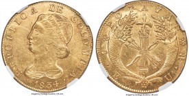 Republic gold 8 Escudos 1834 POPAYAN-UR MS63 NGC, Popayan mint, KM82.2, Fr-68. The very finest example of this date and type which we have yet had the...