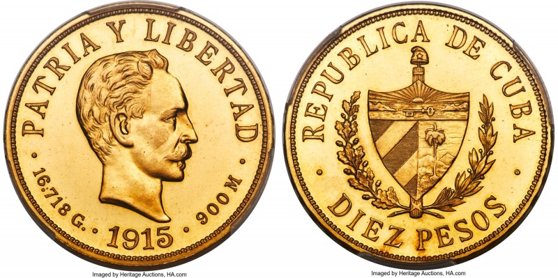 Republic gold Proof 10 Pesos 1915 PR65 Cameo PCGS, Philadelphia mint, KM20. Mint...