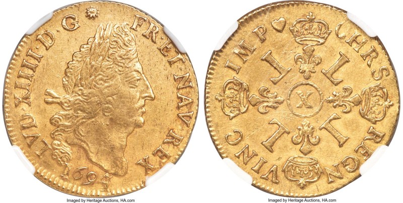 Louis XIV gold 2 Louis d'Or 1694/3-X UNC Details (Reverse Cleaned) NGC, Amiens m...