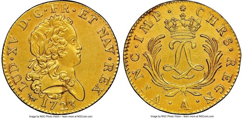 Louis XV gold 2 Louis d'Or Mirliton 1723-A UNC Details (Saltwater Damage) NGC, P...