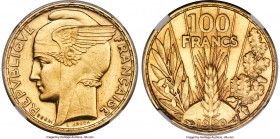 Republic gold Piefort Essai "Bazor" 100 Francs 1929 MS62 NGC, Paris mint, KM-P300, Maz-2531B. Plain edge. By Bazor. A rare double-thick presentation o...