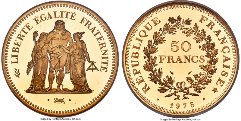 Republic gold Proof Piefort 50 Francs 1975 PR65 Ultra Cameo NGC, Paris mint, KM-...
