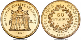 Republic gold Proof Piefort 50 Francs 1978 PR67 Ultra Cameo NGC, Paris mint, KM-P620. Mintage: 149. A superb gem double-weight 50 Franc striking depic...