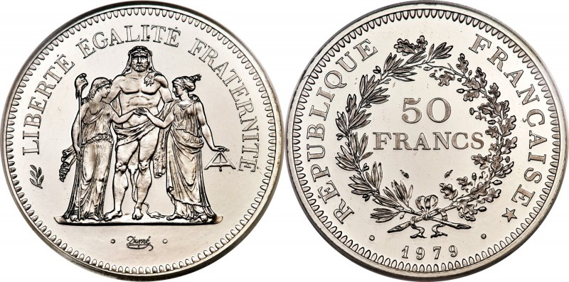 Republic platinum Specimen Piefort 50 Francs 1979 SP68 PCGS, Paris mint, KM-P652...