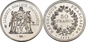 Republic platinum Specimen Piefort 50 Francs 1979 SP68 PCGS, Paris mint, KM-P652. From a documented mintage of only 30 pieces. Subtle frost over the d...