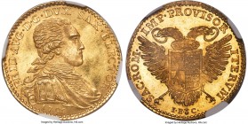 Saxony. Friedrich August III gold Ducat 1792-IEC MS65 NGC, KM1035, Fr-2881. Vicariat issue, double eagle type. Struck to near-perfection and offering ...