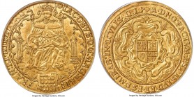 James I gold Rose Ryal ND (1605-1606) MS62 PCGS, Tower mint, Rose mm, Second coinage, KM42, S-2613, N-2079 (R), Schneider-6. • (rose) • IACOBVS • D' •...