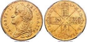 James II gold "Elephant & Castle" 5 Guineas 1687 MS60 NGC, KM460.2, S-3398, Schneider-452. TERTIO edge. One of the most difficult gold types of the St...