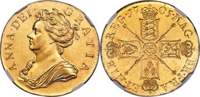 Anne gold 5 Guineas 1705 MS61 NGC, KM520.2, S-3560. The second 5 Guineas issued during Anne's reign, featuring the slimmer pre-Union shields to the re...