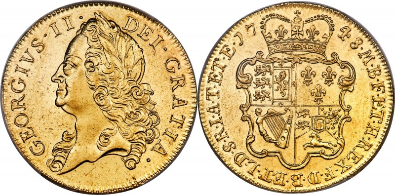 George II gold 5 Guineas 1748 AU Details (Repaired) PCGS, KM586.2, S-3666, Schne...