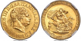 George III gold Sovereign 1818 MS64 NGC, KM674, S-3785A, Marsh-2A. Ascending colon after BRITANNIAR, space between REX and F:D: variety. A usually rat...