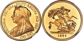 Victoria gold Proof 5 Pounds 1893 PR65 Cameo NGC, KM787, S-3872, W&R-287. An exquisite gem Proof representative of Victoria's "Veiled Head" 5 Pounds, ...