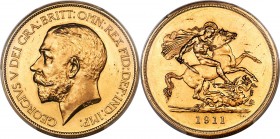George V gold Proof 5 Pounds 1911 PR62 Cameo PCGS, KM822, S-3994, W&R-414. A perpetually popular Proof-only type with an appealing wateriness to the f...
