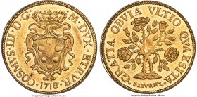 Livorno. Cosimo III gold Doppia (Pezza d'oro della Rosa) 1718 MS64 NGC, KM40, Fr-466, MIR-69/3. A fully Mint State offering representing a fleeting, t...